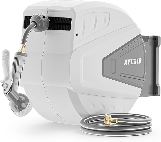 Ayleid Retractable Rubber Hybrid Garden Hose Reel, 1/2"x130ft Wall Mount | Anti-freeze, kink-free premium rubber hybrid hose, 24-month warranty, 9-pattern sprayer, any-length lock, slow auto-return.