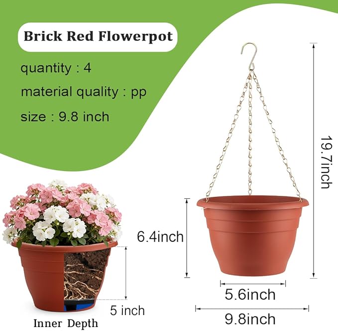 RooTrimmer Hanging Planters 10 Inch, 4 Pcs Flower Pots with Drainage Hole, Self Watering Hanging Basket for Indoor Outdoor Plants, Decor, Pottery Red