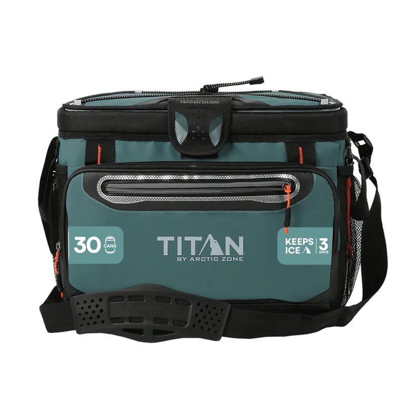 Titan by Arctic Zone Zipperless Soft Sided Cooler with HardBody Liner and SmartShelf, Insulated Bag with Shoulder Strap and Bottle Opener for Beach, Picnic, and Travel, 30 Can Capacity, Jungle Hunt