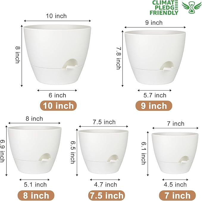 QRRICA Plant Pots 10/9/8/7.5/7 Inch Self Watering Pots, Set of 5 Plastic Planters with Drainage Holes and Saucers,Plastic Flower Pots,Nursery Planting Pot for Indoor Out Door Plants(Pure White)