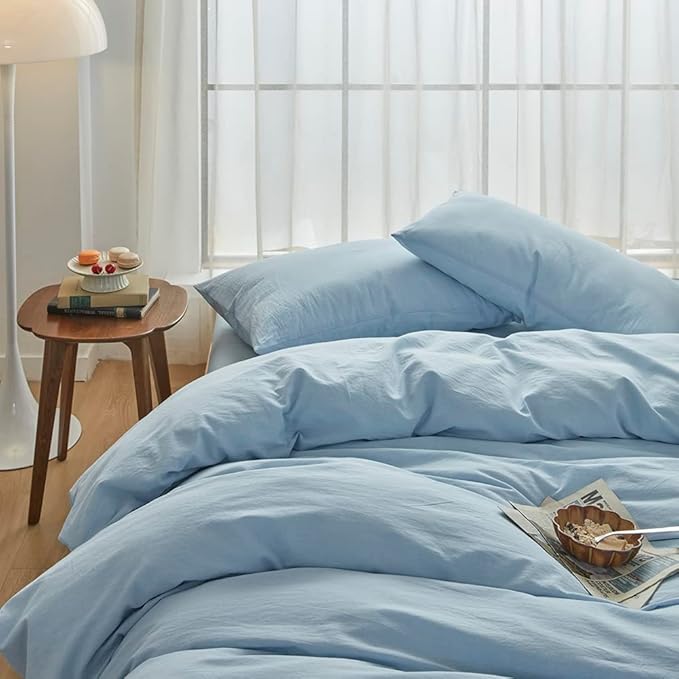 FACE TWO FACE Bedding Duvet Cover Set100% Washed Cotton Duvet Cover Linen Like Textured Breathable Durable Soft Comfy (Queen, Light Cyan)