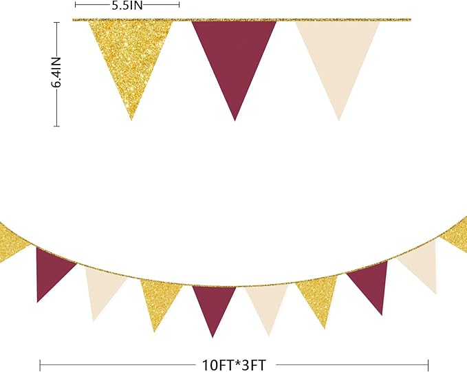 Burgundy Beige Gold Party Pennant Banner Flag Maroon Gold Hanging Glitter Paper Triangle Bunting for Graduation Birthday Bridal Shower Wedding Bachelorette Anniversary Baby Shower Party Decorations