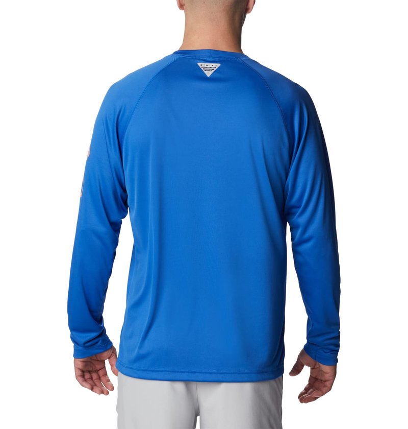 Columbia Men's Terminal Tackle Long Sleeve Fishing Shirt, Vivid Blue/Bright Nectar Logo, 1X
