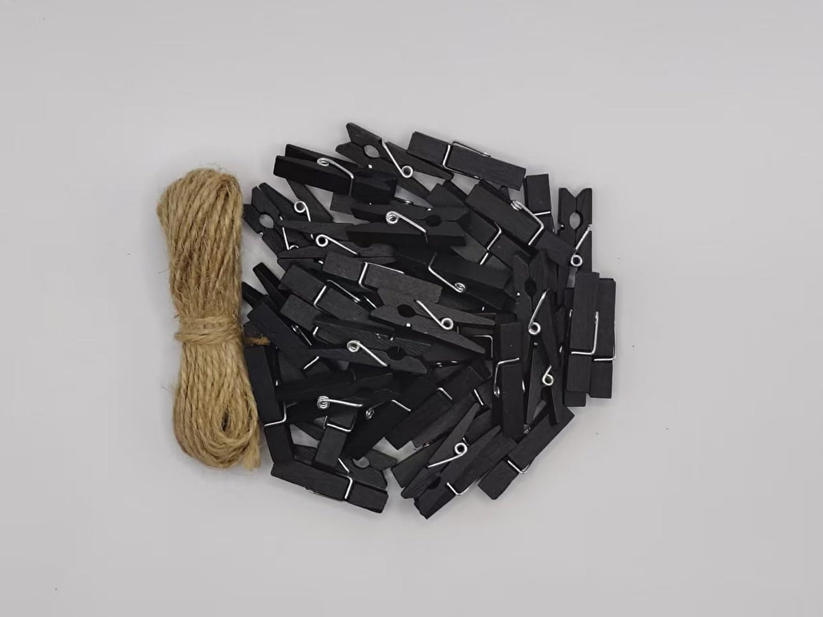 DurReus Wood Clothespins to Hang Photos School Projects 1.5 Inch Clothes Clips with Jute Twine Black Pack 50