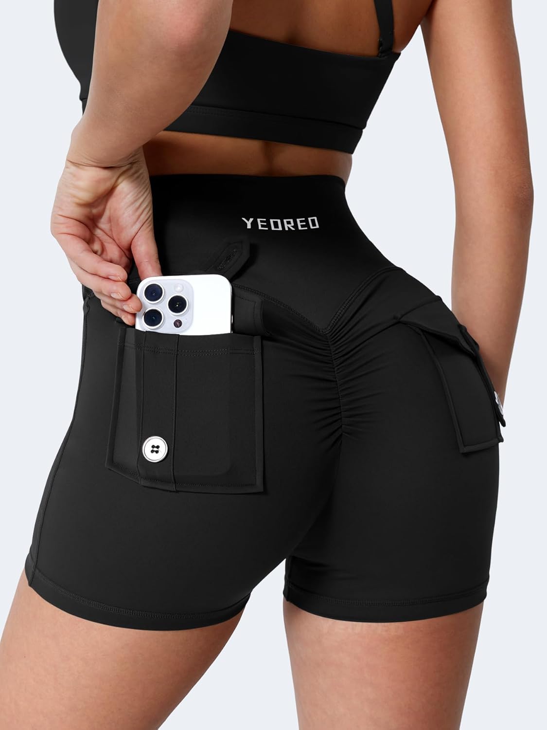 YEOREO CoreFlex Scrunch Workout Shorts - High Waisted Biker Shorts with Pockets for Women