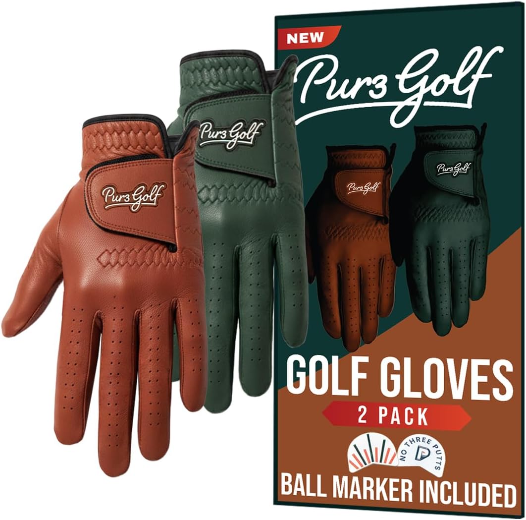 PUR3 Cabretta Leather Golf Gloves - 2 Pack Heritage Collection with Putting Aim Ball Marker | Men's Left & Right Hand