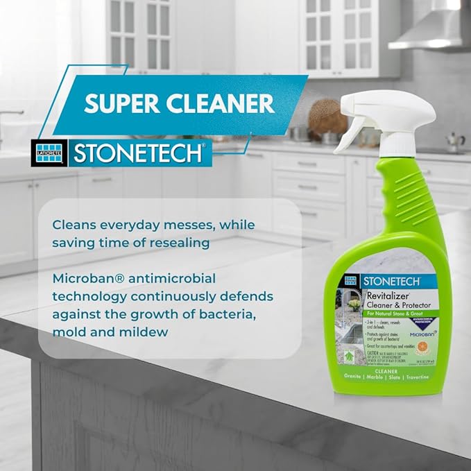 StoneTech Revitalizer Cleaner and Protector | Natural Stone Cleaner | Marble, Quartz, Granite Countertop Cleaner | 3-in-1 Cleans and Reseals | 2-Pack 24 oz Spray + Microfibers, Citrus Scent