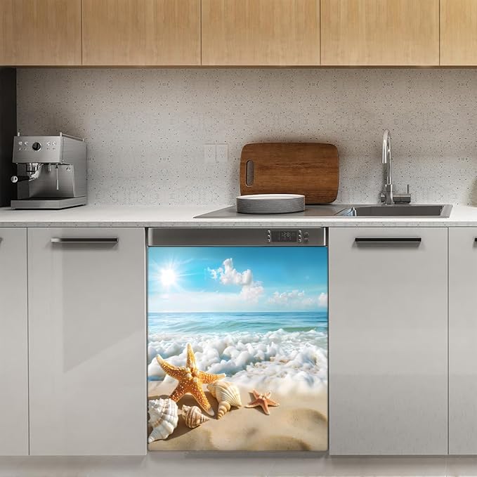 Dishwasher Magnet Cover Ocean Sea Beach Starfish Seashell Reusable Dishwasher Magnetic Cover Sticker Decorative Dish Washer Door Cover Panel for Home Kitcen Appliance