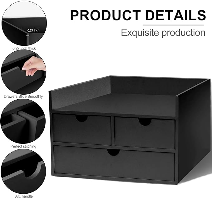 Bamboo Desk Organizer 3 Drawer with Shelf, Countertop Organizer with Drawers Makeup Storage Drawer 3 Drawers Tabletop Storage Organization Box Home Office Workspace（Black）