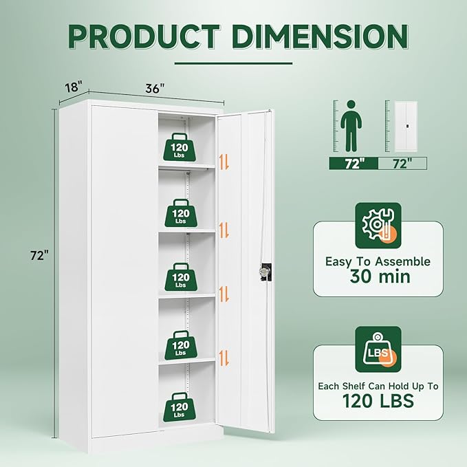 Letaya Metal Garage Storage Cabinets with Lock Door and Adjustable Shelves, Steel Tool Cabinets for Home,Office,Warehouse Organisieren (White, 72" H)