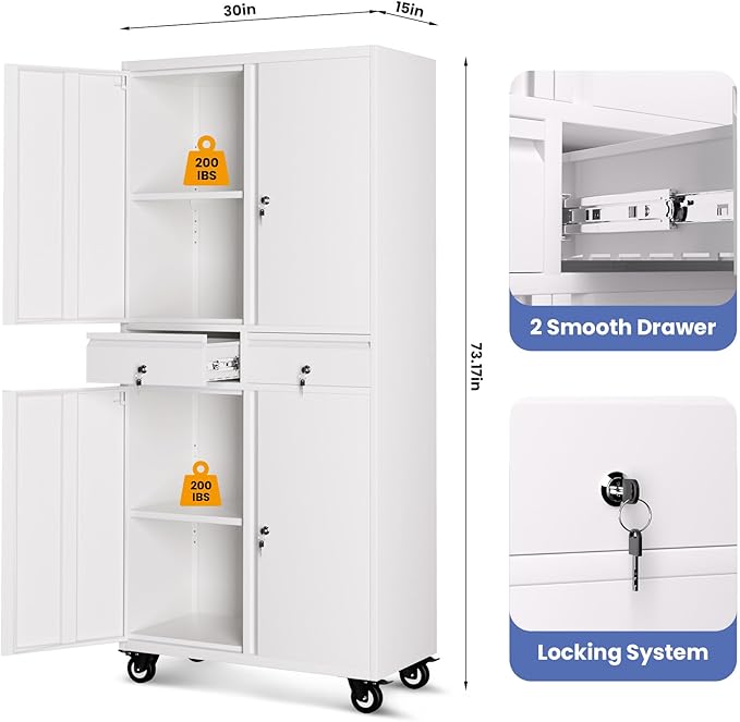 Garvee Metal Storage Cabinet, 73 Inch Garage Storage with Locking Doors and Adjustable Shelves, Heavy Duty Tool Cabinet with 2 Drawers