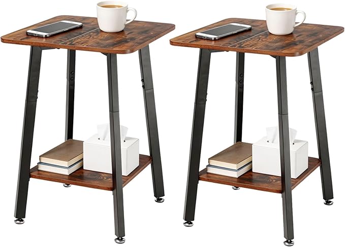 King Oasis Set of 2 2-Tier End Tables, Wooden Side Tables with Storage Shelves, Sturdy Couch Sofa Side Tables for Living Room Bedroom,Brown