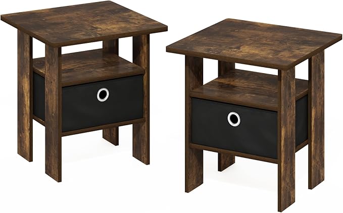 Furinno Andrey Side Table, Set of 2 End Table, Night Stand with Open Shelves and Storage Bin, Bedside Table, for Living Room, Bedroom, Amber Pine