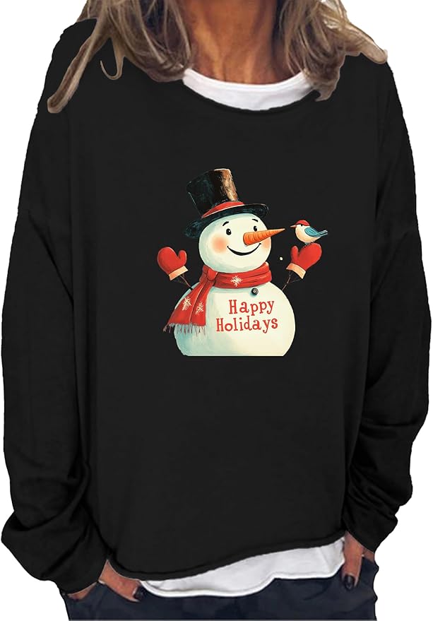 LOAIHA Christmas Shirts for Women Crewneck Snowman Snowflake Santa Graphic Shirts Christmas Tree Long Sleeve Xmas Hoodie