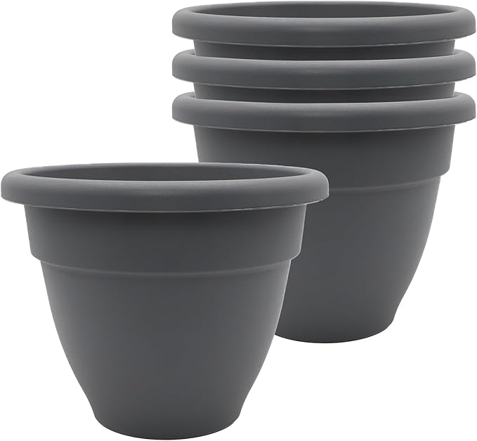 The HC Companies 8 Inch Caribbean Planter Pots with Drainage & Plug, Rolled Rim Plastic Planters for Indoor & Outdoor Plants, 4-Pack Decorative Flower Pots for Garden, Office & Home Decor, Warm Gray