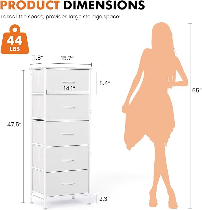 Sweetcrispy 5 Drawer Dresser with Fabric Bins, Sturdy Steel Frame and Wood Top, Storage Organizer Chest for Bedroom, Closet, Hallway, White