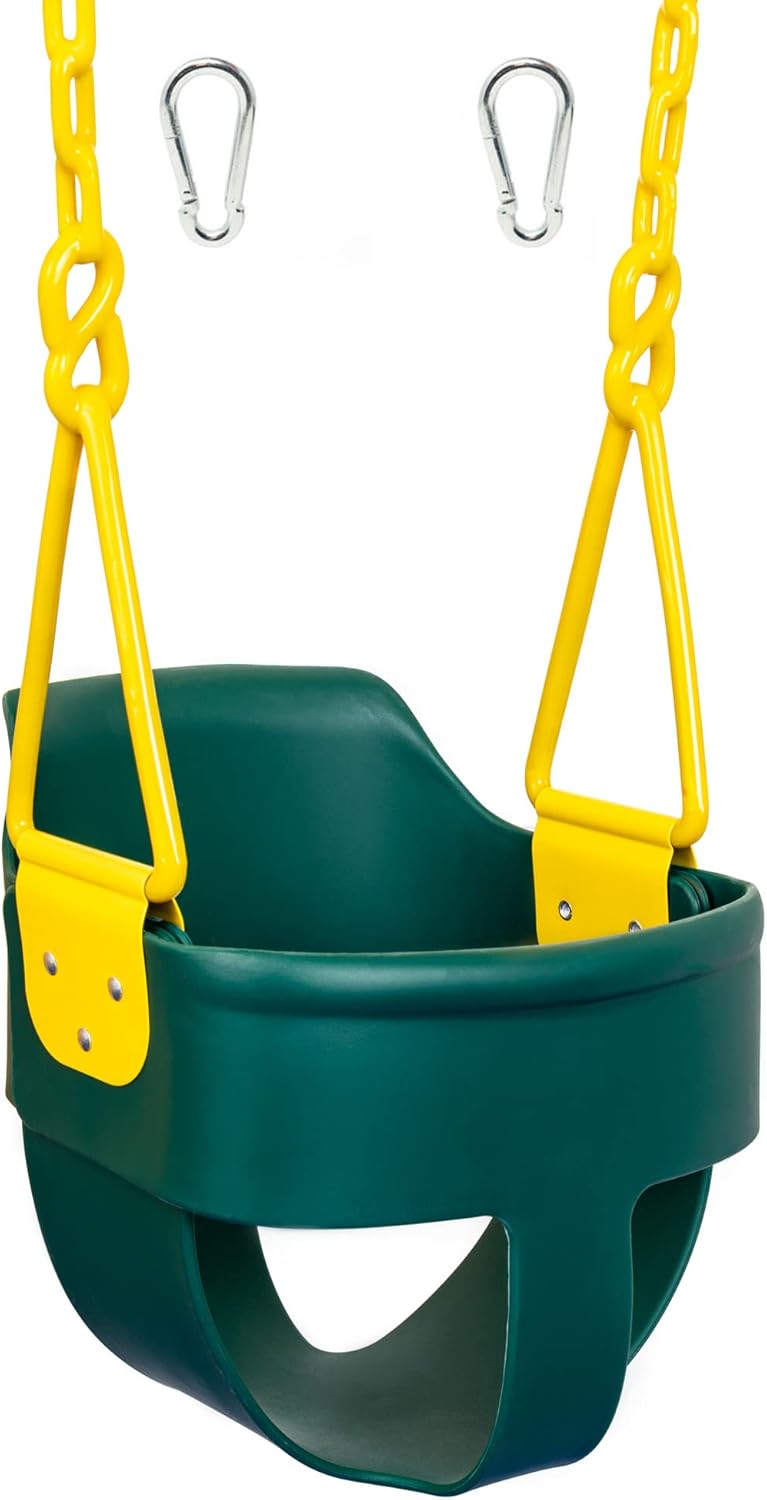 Squirrel Products Premium High Back Full Bucket Toddler Swing Seat - Easy Install with Plastic Coated Chains - Green
