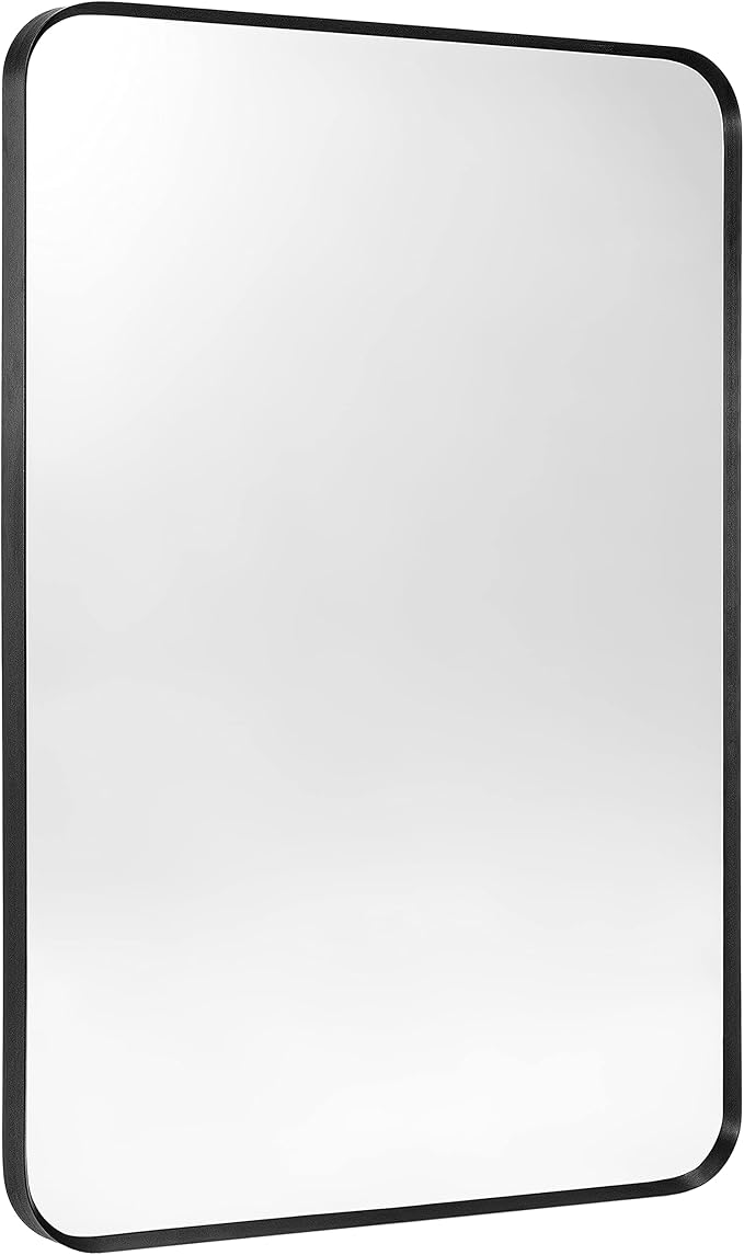 Wall Mount Mirror for Bathroom, Brushed Black Metal Framed Rounded Corner