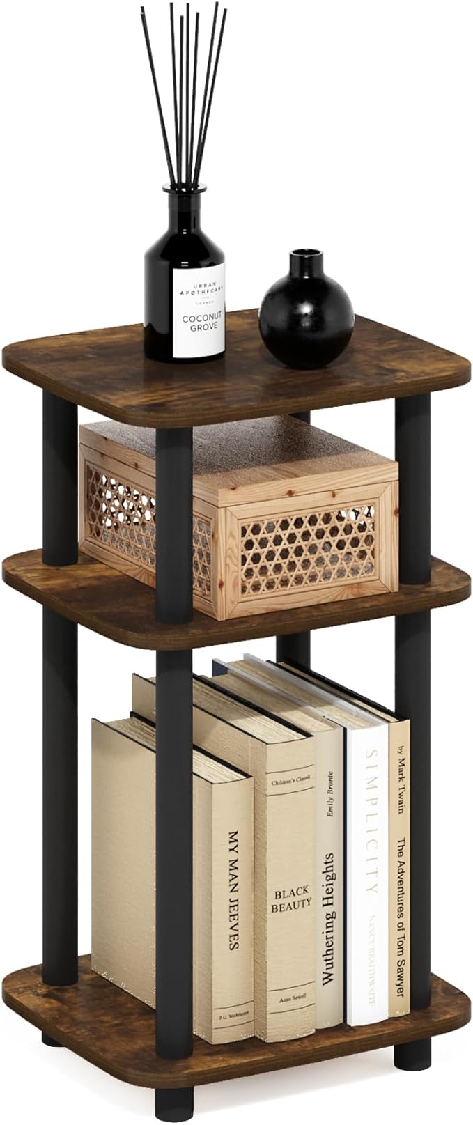 Furinno JUST Side Table, 3-Tier Turn-N-Tube End Table with Open Shelf, Round Curve Corner Night Stand, Bedside Table, Easy Assembly, for Living Room, Bedroom, Amber Pine