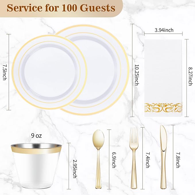 BESTVIP 700 PCS Gold Dinnerware Set for 100 Guests, Plastic Dinnerware Set for Party, Christmas, Halloween, Include: 200 Plastic Plates, 100 Gold Silverware, 100 Cups, 100 Paper Napkins