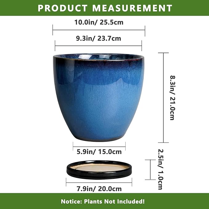 Ceramic Pots for Plants - 10 Inch Planter for Indoor Ourdoor Plants Modern Large Flower Pot with Drainage Hole and Saucer Room Home Office Garden Patio Porch Decor Blue