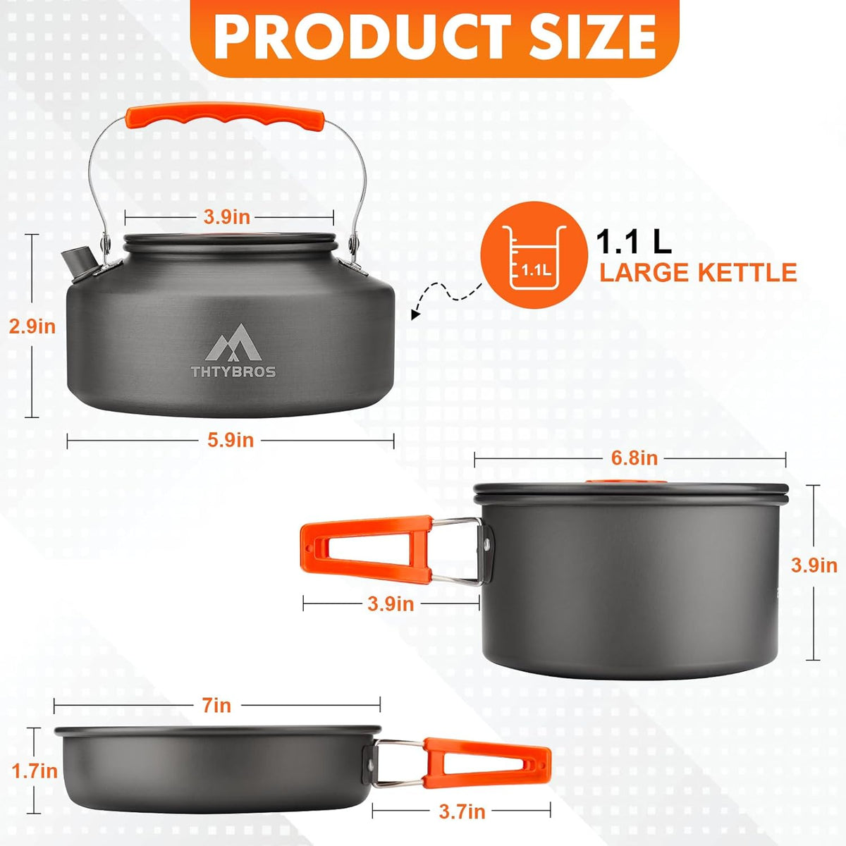 THTYBROS Camping Cookware Kit - 17-Piece Set with 0.45Gal Pot, 7-Inch Pan & Stainless Steel Utensils