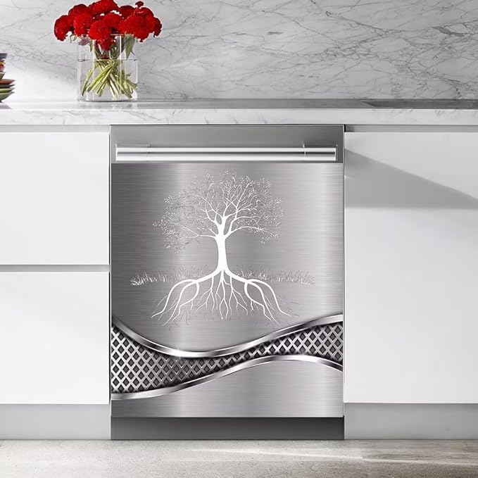 Stainless Steel Design Tree Wallpaper Dishwasher Magnetic Cover Sticker Refrigerator Door Panel Fridge Appliance Magnet Decal Sheet Kitchen Decor 23x26 inch