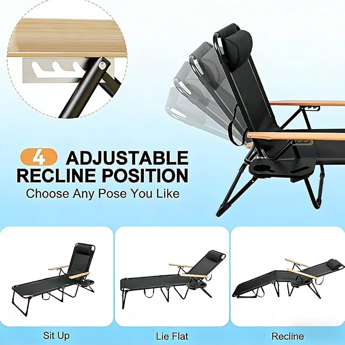 Folding Lounge Chair with Adjustable Canopy, Portable Sun Lounger with 4-Position Reclining Back, Outdoor Chaise Lounge with Arms, Tanning Chair for Beach Poolside Backyard Camping, 440LBS (Black B)