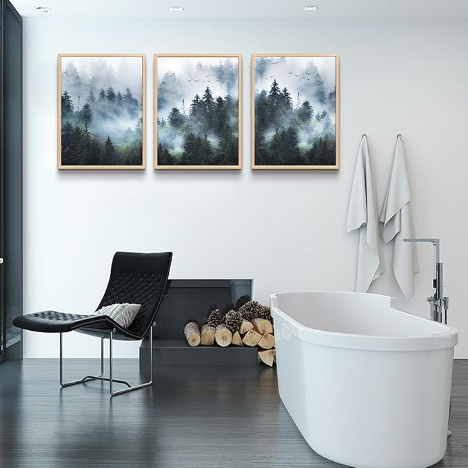 Natural Wood Framed Wall Art For Living Room Wall Decorations For Bedroom Office Wall Decor Foggy Forest Paintings Trees Landscape Wall Pictures Prints Artwork Large Size Home Decor of 3 Piece Art
