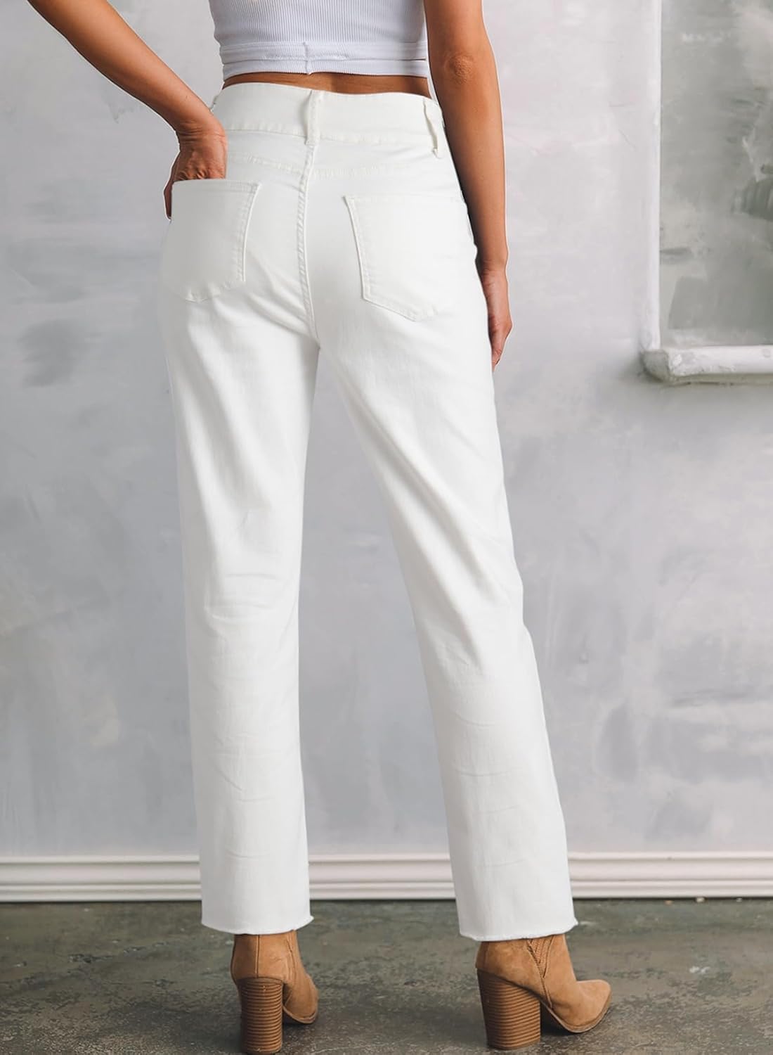Sidefeel Women's High Waisted Jeans - Stretchy Raw Hem Straight Leg Denim Pants with Pockets
