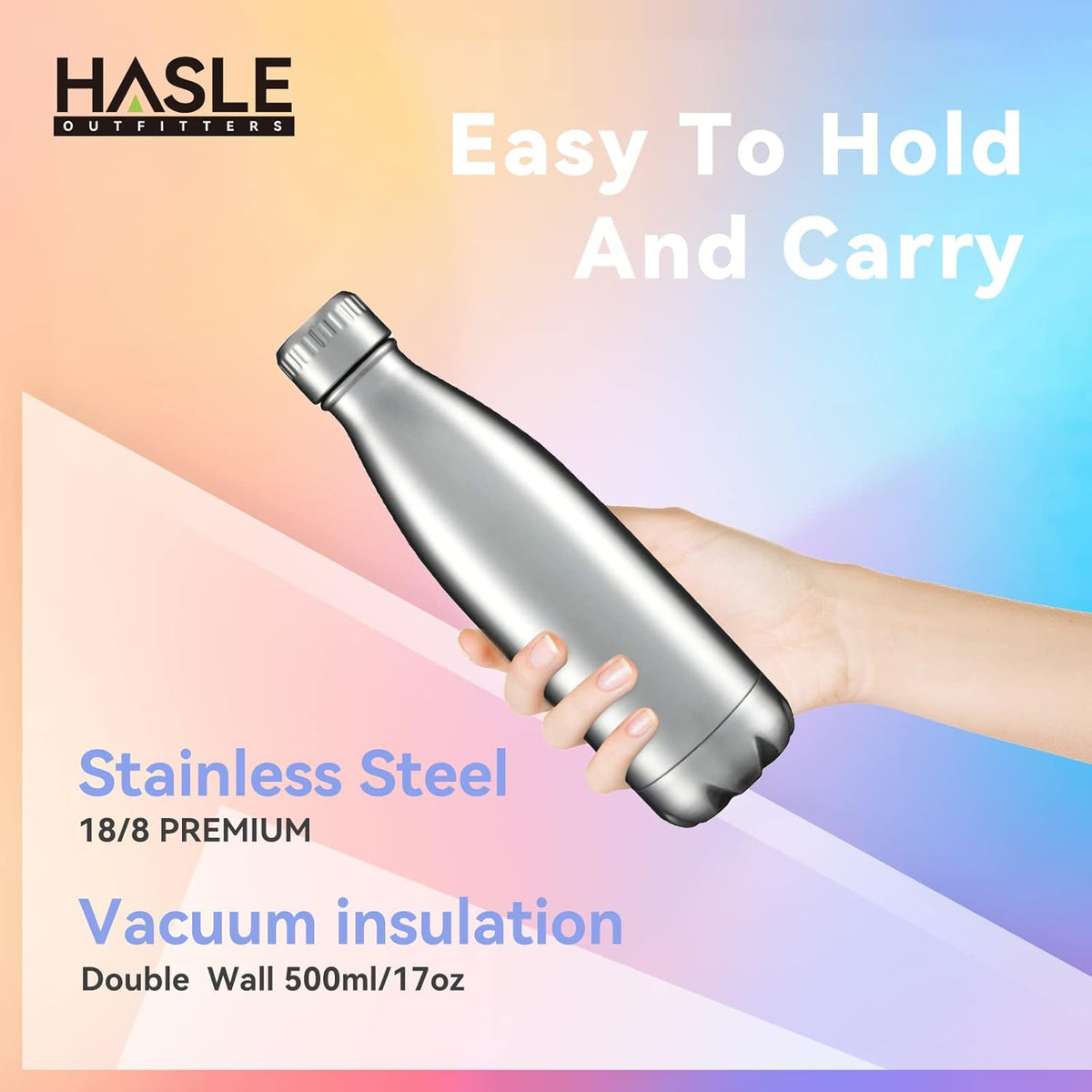 HASLE OUTFITTERS 17oz Stainless Steel Water Bottles, Vacuum Insulated Water Bottles Double Walled Reusable Metal Sports Water Bottles Keep Drinks Hot and Cold, Stainless, 1Pack