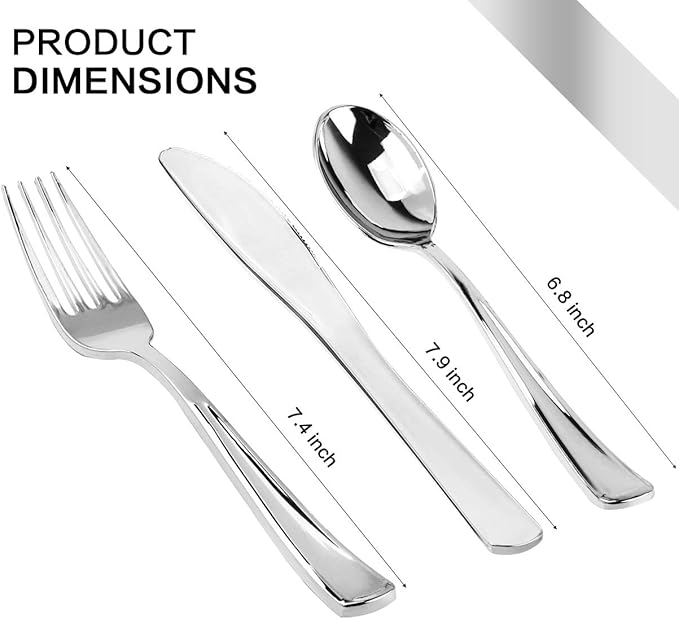M MCIRCO 350 Piece Dinnerware Set,100 Silver Rim Plastic Plates, 50 Cups,50 Pre Rolled Napkins with Plastic Silverware, Disposable Dinnerware Set for 50 Guest, Silver