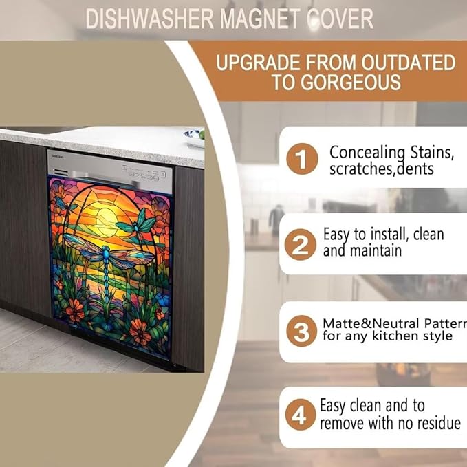 Dragonfly Dishwasher Cover for Home Appliance, Colorful Glass Art Vinyl Decal for Dish Washer Sticker, Spring Flowers Refrigerator Panel Door Cover, (23" x 26" Ordinary)