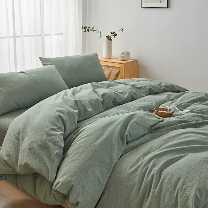 FACE TWO FACE Bedding Duvet Cover Set100% Washed Cotton Duvet Cover Linen Like Textured Breathable Durable Soft Comfy (Queen, Reversible Green)