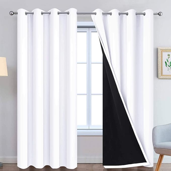 Yakamok Pure White 100% Blackout Curtains, 2 Thick Layers Completely Blackout