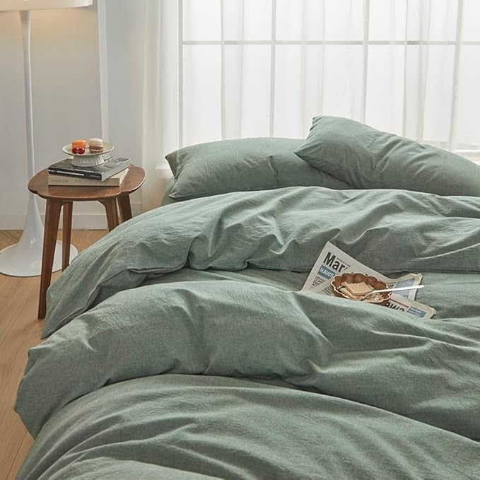 FACE TWO FACE Bedding Duvet Cover Set100% Washed Cotton Duvet Cover Linen Like Textured Breathable Durable Soft Comfy (Queen, Reversible Green)