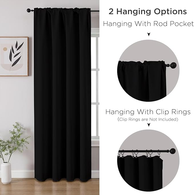 CUCRAF Black Blackout Curtains 90 inch Length 2 Panels Set, Rod Pocket Room