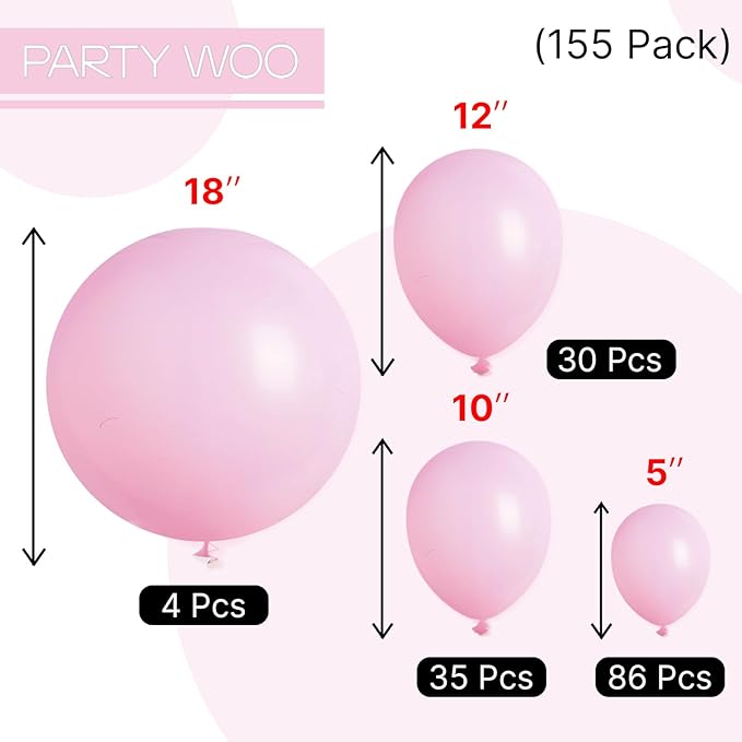 PartyWoo Baby Pink Balloons 155 pcs Different Sizes of 18 12 10 5 Inch Pastel Pale Light Pink Balloons Arch Kit Garland for Baby Shower Gender Reveal Birthday Princess Party Decorations Pink-Q05