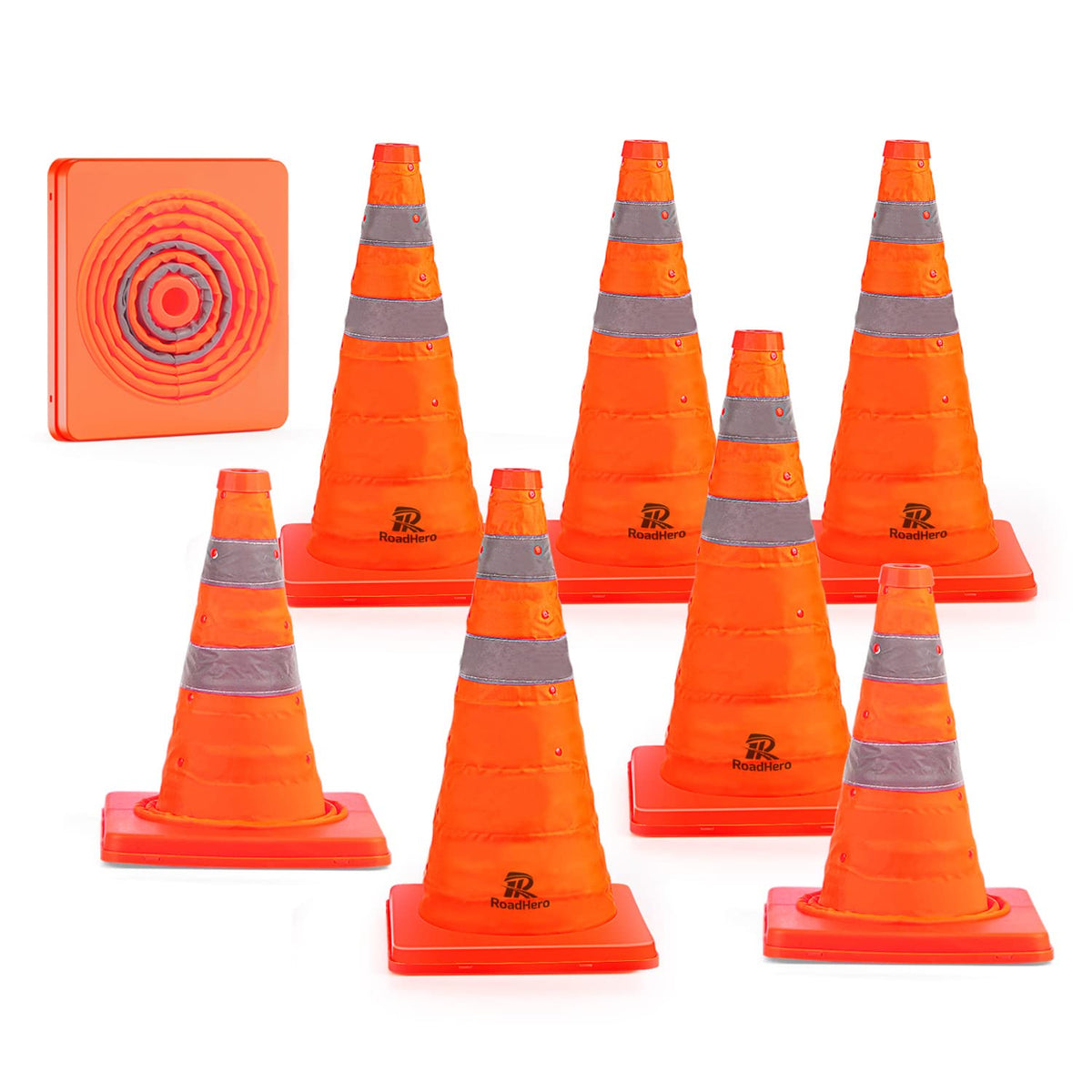RoadHero Traffic Cones - 18 Inch Collapsible Orange Cones with Reflective Collar | 8 Pack for Safety & Training