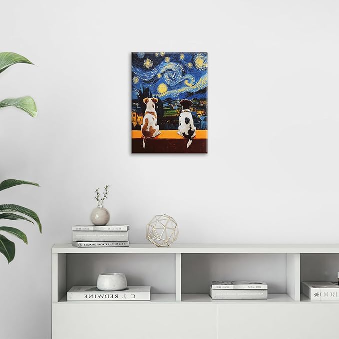 Dog Wall Art, Starry Night Dogs Pictures Wall Decor, Animal Canvas Prints Painting, Framed Artwork for Bathroom Living Room Bedroom Office Dining Room 20"X16"