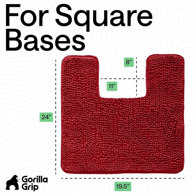 GORILLA GRIP Plush Absorbent Shaggy Chenille Bath Rug Mat for Square Toilet Base with Rubber Backing, Machine Washable Rugs, Soft Microfiber Contour Mats for Toilets, Bathroom Decor, Red