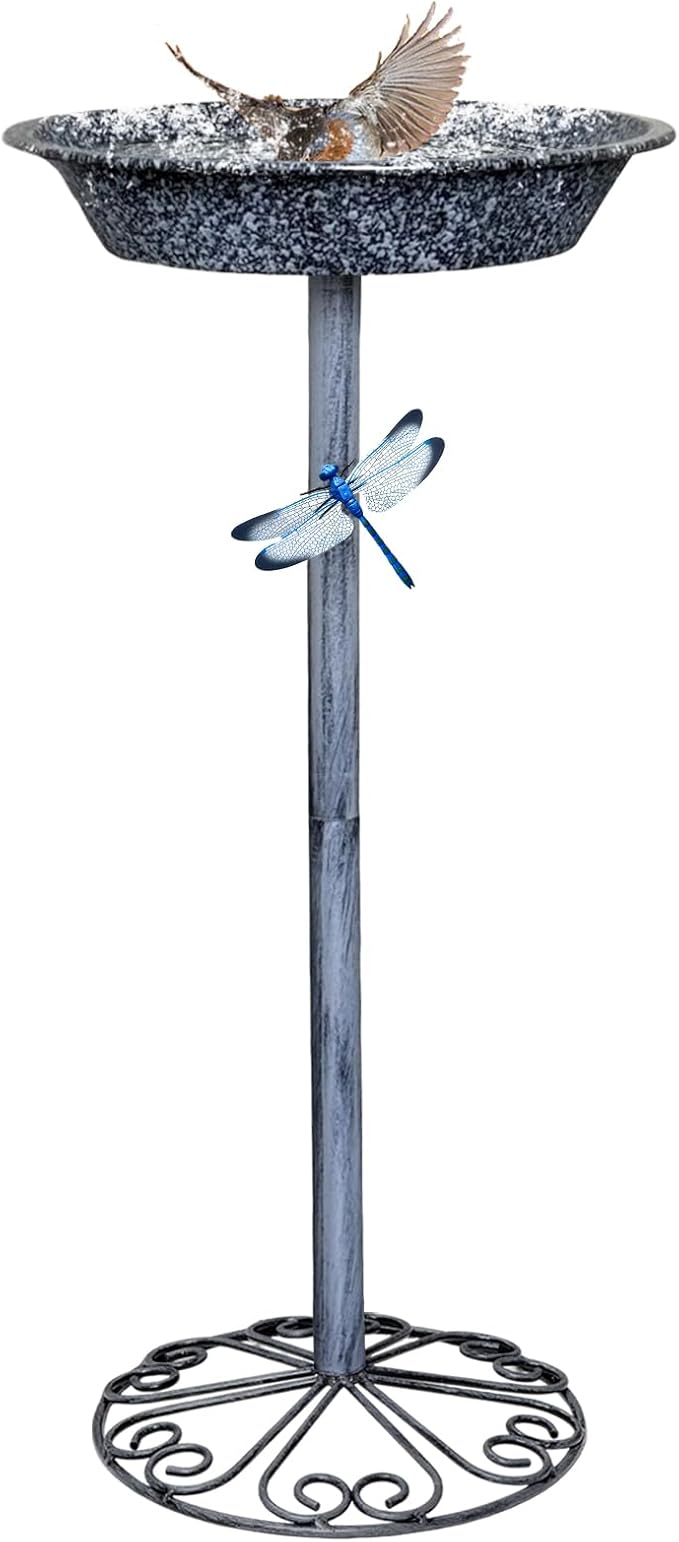 Outdoor Garden Bird Bath, 25.5 inch Height Bird Feeder, Metal Birdbath with Dragonfly for Garden Yard Patio Lawn Decoration, Gray