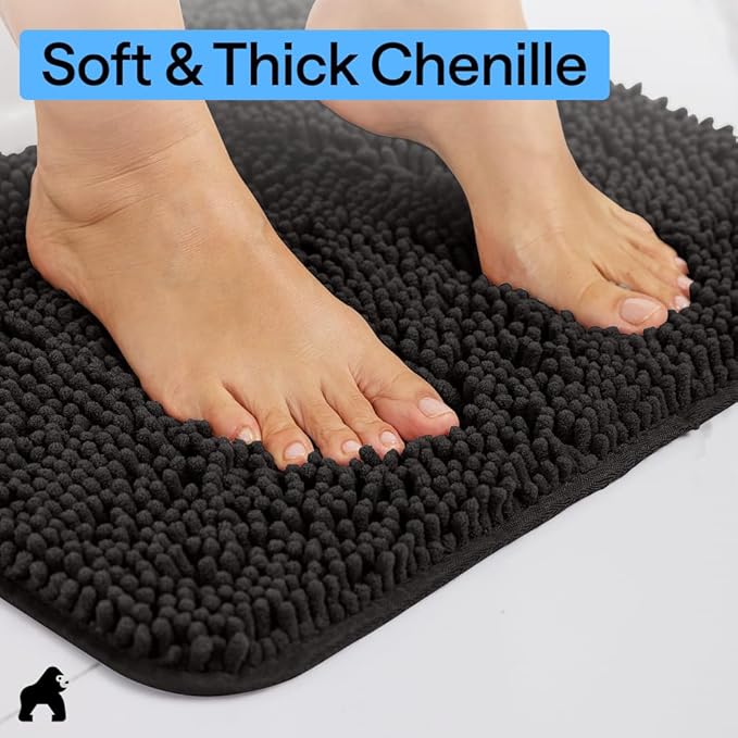 GORILLA GRIP Bath Rug Mat 60x17, Thick Soft Absorbent Chenille, Quick Dry Microfiber Mats, Rubber Backing Washable Shower Floor Rugs, Bathmat Runner, US Designed Bathroom Home Decor Accessories Black