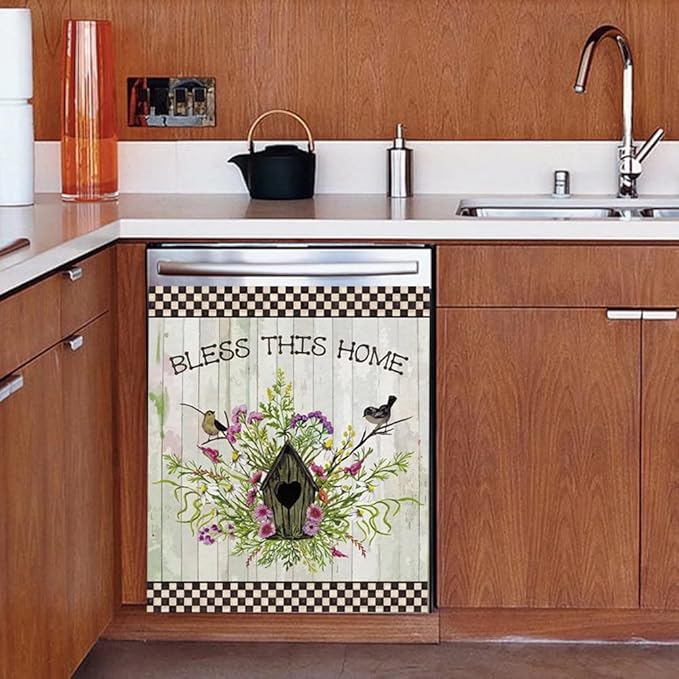 Wowfeel Bird Dishwasher Sticker Decal, Floral with Birds, White & Brown, PVC & PET Film, Rustic Functional, Reusable, Indoor Use, Home & Kitchen