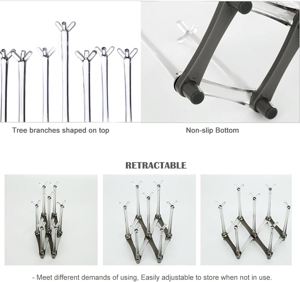 Marbrasse Retractable Cup Drying Rack, Drinking Glass and Sports Bottle Drainer Stand, Plastic Bag Dryer with Non-Slip Bottom for Kitchen Countertop