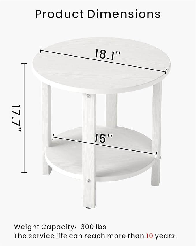 HDPE Round Outdoor Side Table, 18.1-Inch Weatherproof Small Outdoor Table for Adirondack, 2-Tier Patio End Table for Garden Backyard Porch Deck Balcony Poolside (White)