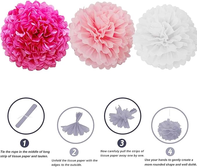 We Moment Rose Red and Pink White Paper Flowers Decorations for Pink Party Baby Shower Ceiling Wall Hanging Tissue Pom Poms 12pcs 3 Colors