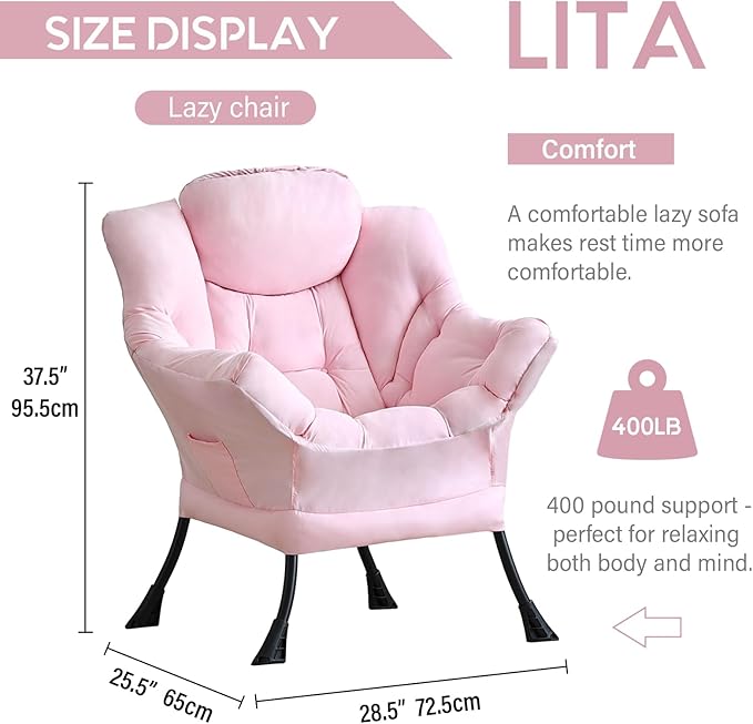LITA Lazy Chair with Armrests and Side Pocket, Modern Upholstered Accent Reading Chair for Living Room, Bedroom, Dorm, Small Spaces, Single Pink