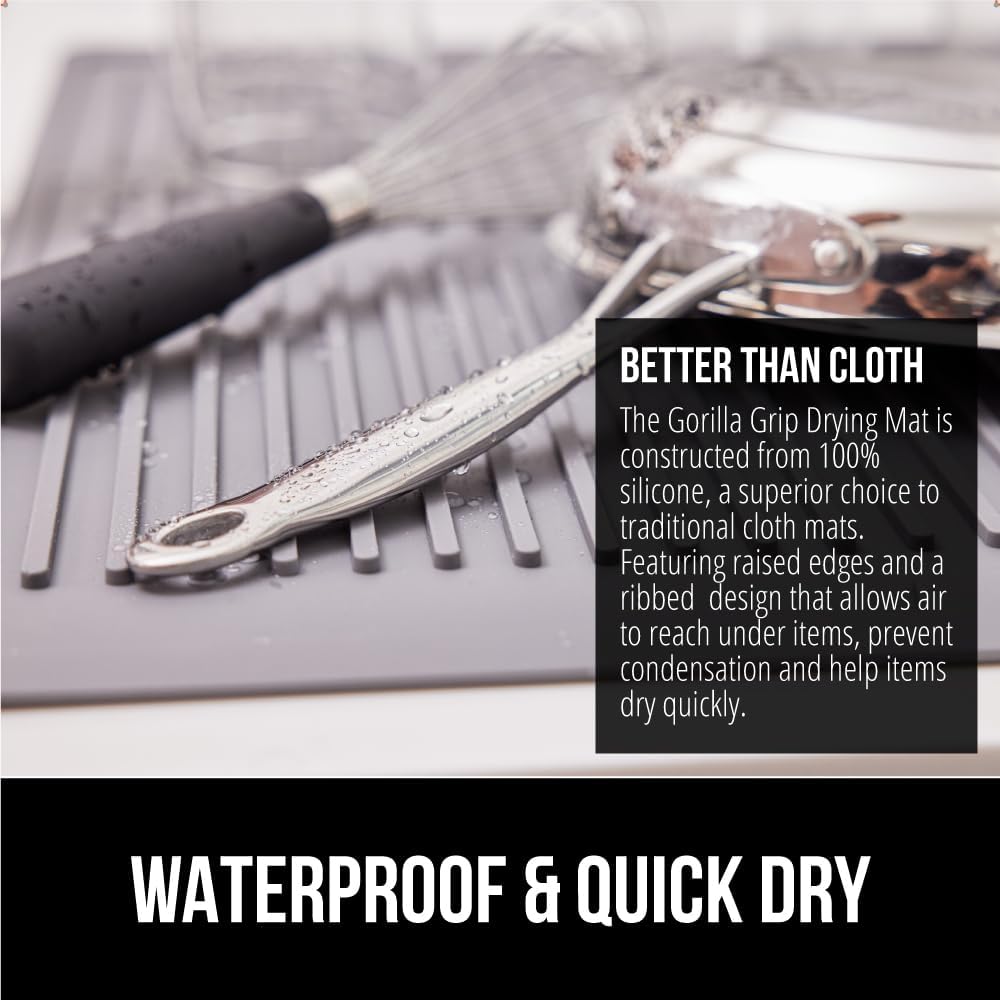 GORILLA GRIP 100% BPA-Free Patented Silicone Dish Drying Mat for Kitchen Counter, 18x16 Inch, Water Catching Ribbed Design, Easy Clean Waterproof Sink Liner, Heat Resistant, Fits Under Rack, Gray