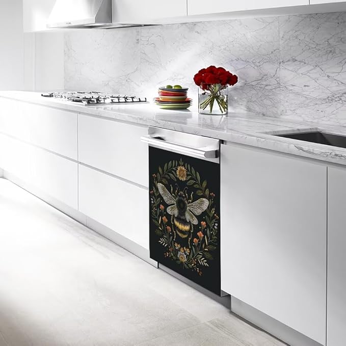 Flower and Bee Pattern Dishwasher Magnetic Cover Sticker Refrigerator Fridge Magnet Panel Decal Magnets Home Kitchen Fridge Front Door Cover 23W x 17H inchs